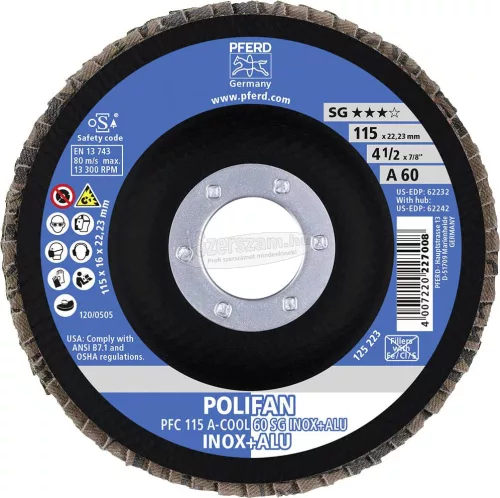 PFERD POLIFAN legyezőlapos csiszolókorong PFC A-COOL SG INOX+ALU több változatban