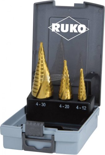 RUKO 101026TRO lépcsős fúró készlet 3 részes 4-12/4-20/4-30mm HSS 3 oldalú szár 1 készlet 101026TRO
