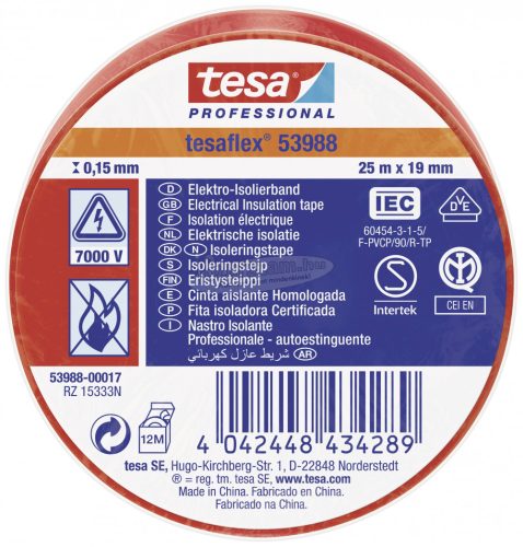 tesa tesaflex IEC Szigetelőszalag Piros 25m x 19mm 1db 53988-00017-00