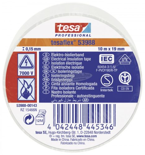 tesa tesaflex IEC 53988-00143-00 Szigetelőszalag Fehér 10mx19mm 1db 53988-00143-00