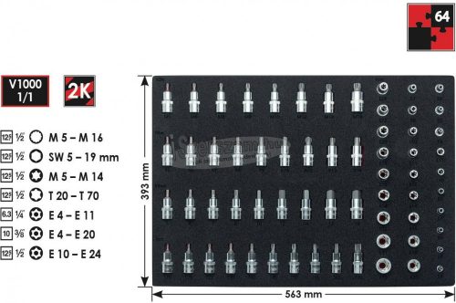 Vigor V2837 Sokszög (XZN), Belső hatlap, Belső kehely profil, Külső kerek hatlap (TX), Belső kerek hatlap (TX) Rátűzőkulcs készlet 64 részes 1/2" (12,5 V2837