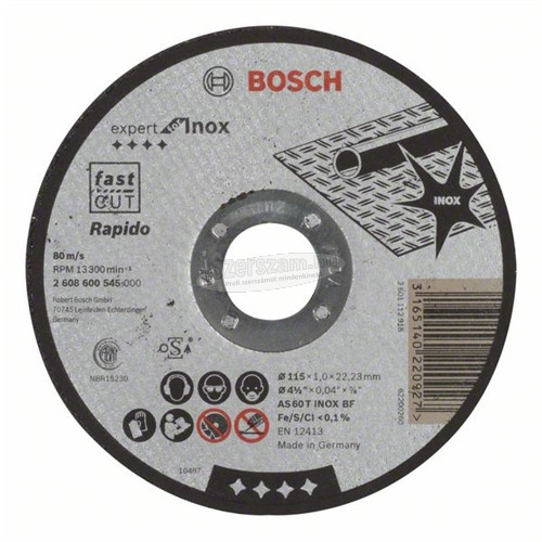 Bosch vágókorong 115x1mm inox egyenes 2608600545