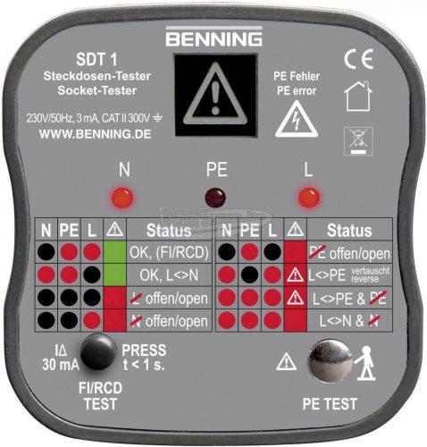 BENNING Konnektor teszter, hálózati csatlakozó bekötés vizsgáló Benning SDT 1 20053