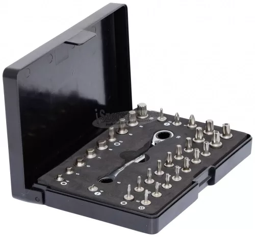 KS-TOOLS Bit készlet, 8+10mm Micro, racsnis hajtókarral 32 részes FL+SW+PH+PZ+TXBO 503.4670