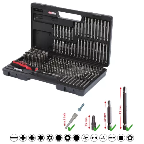 KS-TOOLS Bit készlet, 1/4", gépi és kézi befogóval 208részes FL+SW+PH+PZ+TX+XZ 911.2008