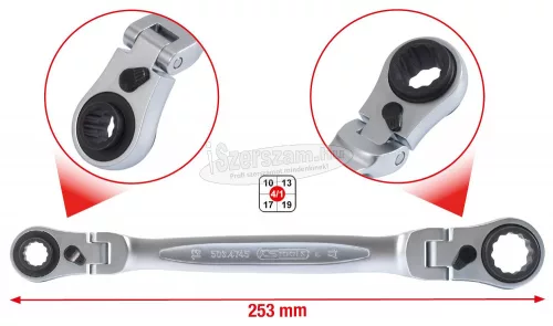 KS-TOOLS Csillagkulcs racsnis, egyenes, 4 az 1-ben, csuklós 10x13x17x19mm 503.4745