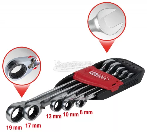 KS-TOOLS Csillag-villáskulcs racsnis készlet 8-10-13-17-19mm irányváltós 5 részes 503.4605