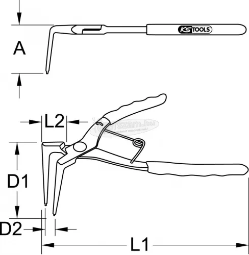 KS-TOOLS Seegergyűrű fogó BH 90°-os, barnított, hosszú pofa 160mm/60mm 500.1037