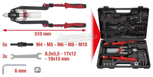 KS-TOOLS Univerzális kézi anyaszegecselő készlet M4,5,6,8,10-es behúzóval/3,2-6,4 150.9630