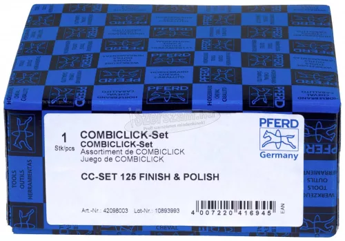 PFERD 42098003 COMBICLICK gyapjú tárcsakészlet 125mm VRH A100C, 180M, 240F és PNER WF CC-H-GT alátéttel a befejezéshez 125mm