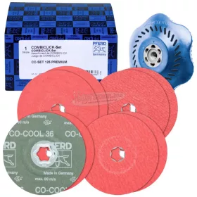   PFERD 42098002 COMBICLICK szálas tárcsakészlet kerámia szemcsés 125mm CO-COOL 36, 60, 80, 120 CC-H-GT alátéttel rozsdamentes acélhoz 125mm