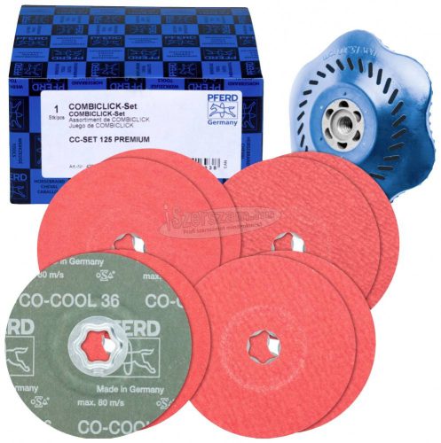 PFERD 42098002 COMBICLICK szálas tárcsakészlet kerámia szemcsés 125mm CO-COOL 36, 60, 80, 120 CC-H-GT alátéttel rozsdamentes acélhoz 125mm