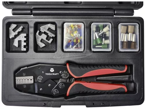 TOOLCRAFT TO-7703463 Krimpelő fogó készlet 83 részes Érvéghüvelyek 0.5-35mm² Érvéghüvely-választékot tartalmazó kofferrel, Cserélhető krimpelőbetétekkel