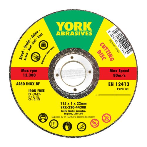 YORK ABRASIVES 115X1X22.23MM A60S INOX LAPOS VÁGÓKORONG YRK2304430K